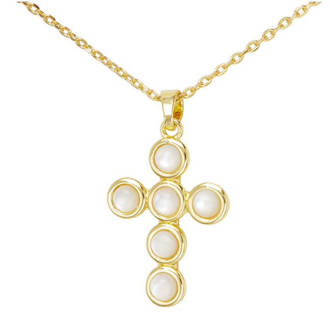 Gold MOP Circle Set Cross Necklace - Collar con cruz de nácar dorado