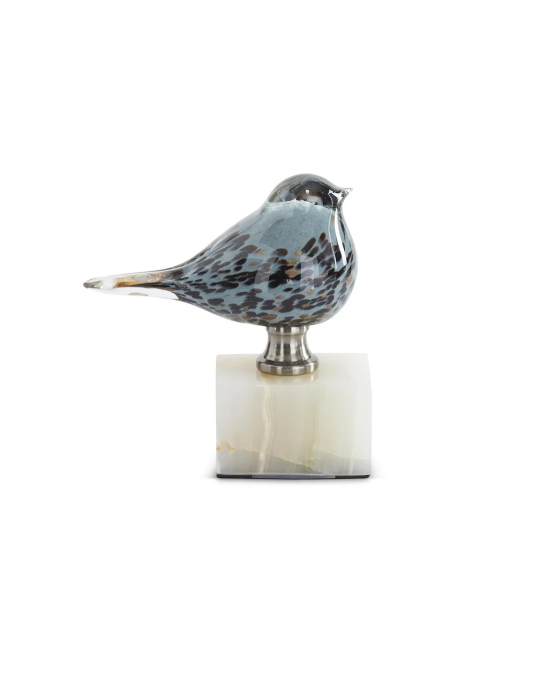 Blue Glass Birds on White Square Marble Bases