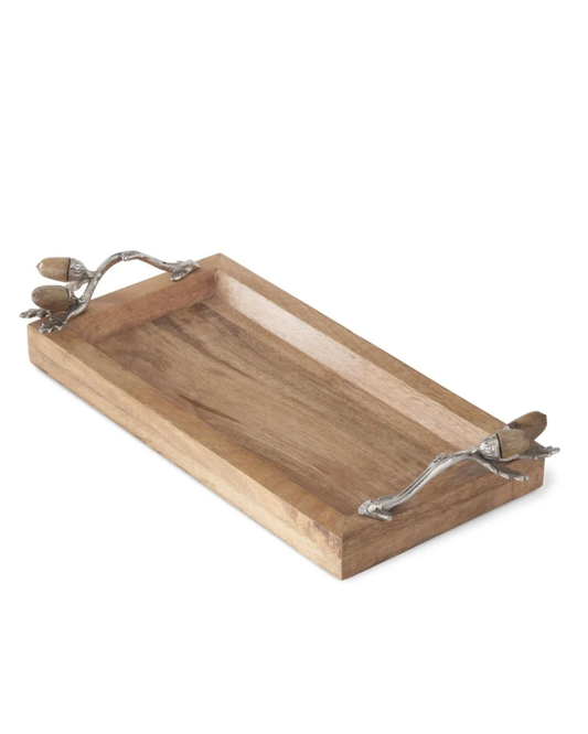 Rectangular Wood Tray with Silver Metal Handles & Acorns