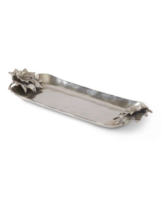18 Inch Silver Metal Rectangular Tray w/Leaves & Acorn