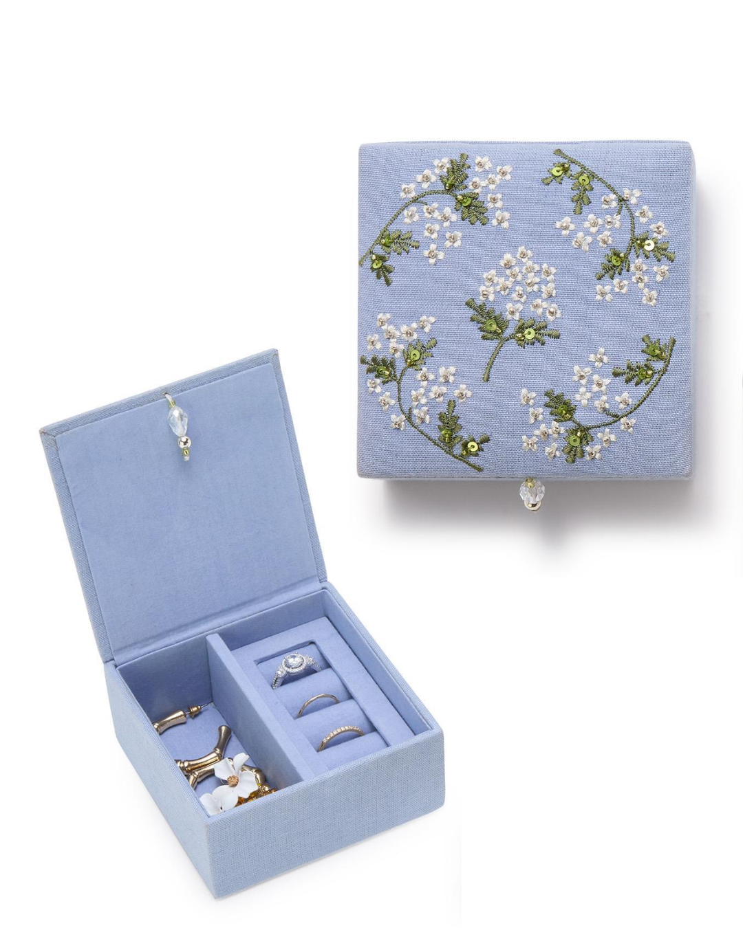 Hydrangea Embroidered and Embellished Linen Fabric Small Jewelry Box with Beaded Tassel Puller Assorted 2 Colors: Blue and White - MDF/Cotton/Glass Beads