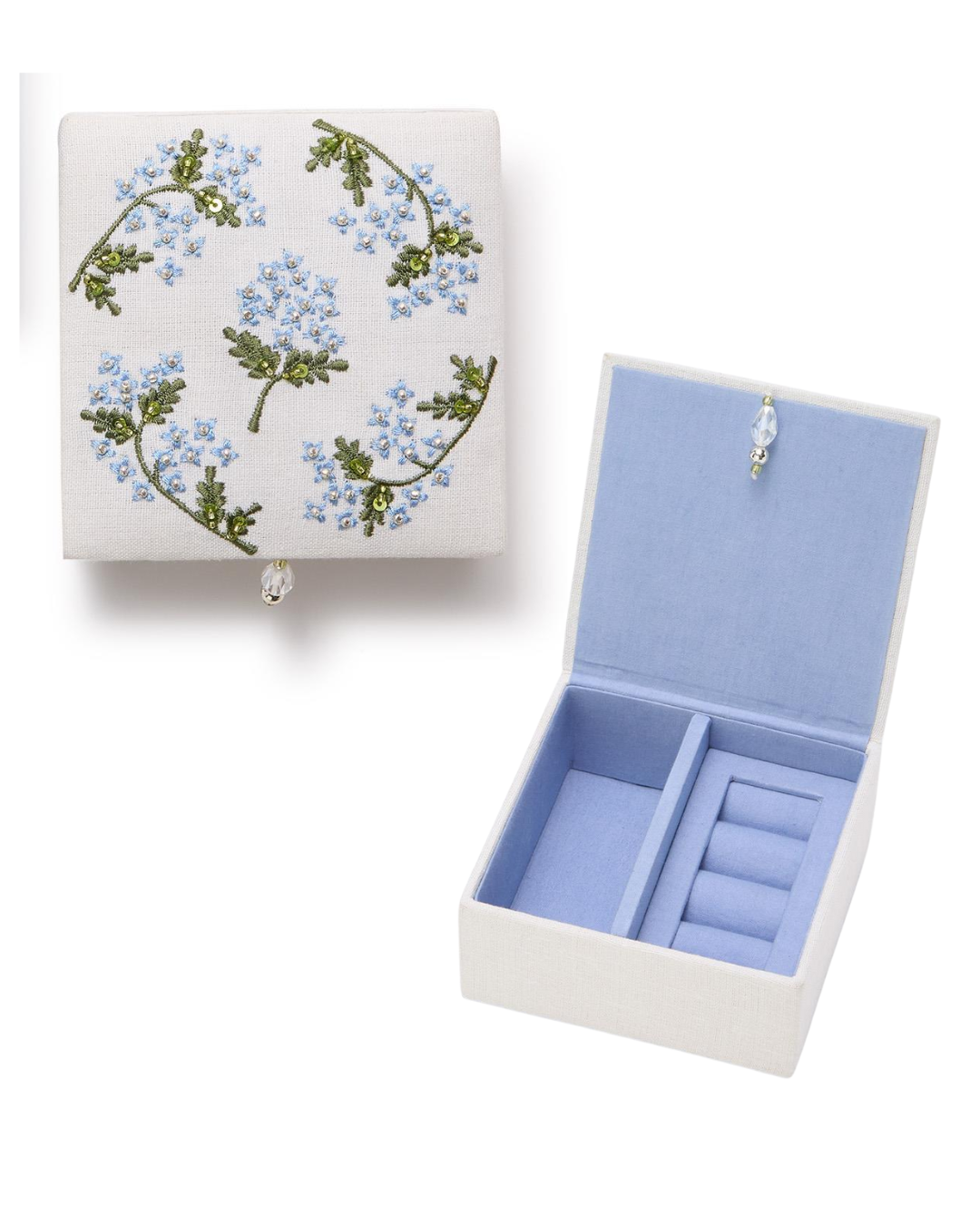 Hydrangea Embroidered and Embellished Linen Fabric Small Jewelry Box with Beaded Tassel Puller Assorted 2 Colors: Blue and White - MDF/Cotton/Glass Beads