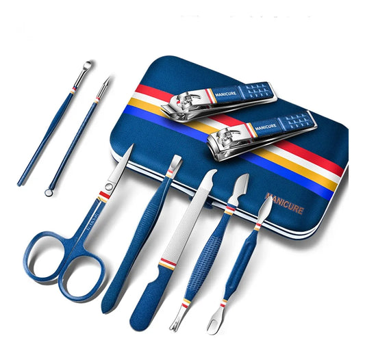 9PC MANICURE SET BLUE W/ STRIPE - Set de manicura azul