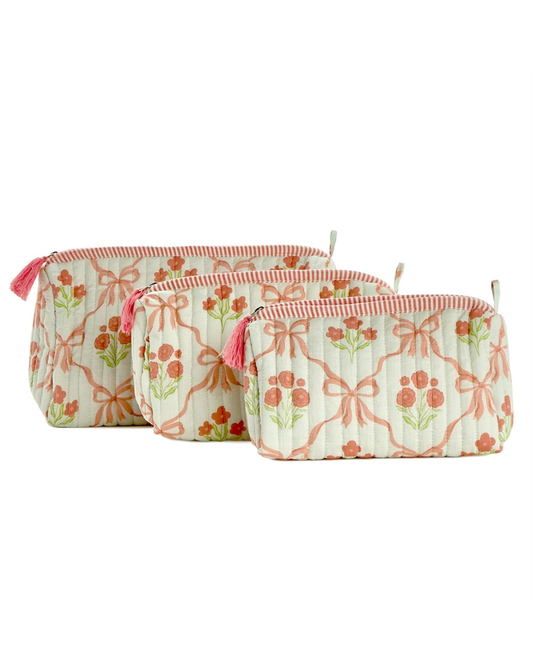 Ribbon Rose Printed Cotton Quilted Cosmetic and Accessory Bags
