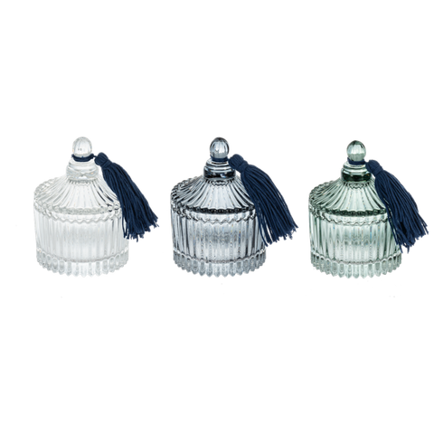Embossed Glass Trinket Box with Lid & Tassel - Tarro de Cristal