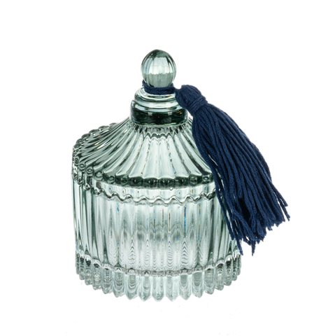 Embossed Glass Trinket Box with Lid & Tassel - Tarro de Cristal