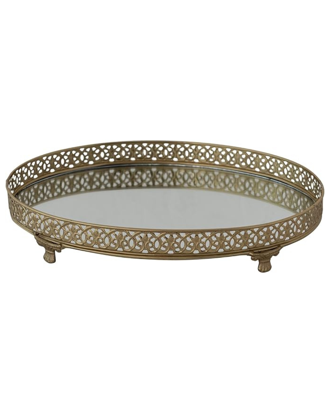 Oval Metal Filigree Footed Tray with Mirror, Gold Finish - Bandeja ovalada con espejo