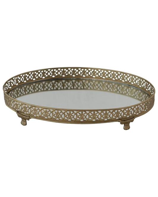 Oval Metal Filigree Footed Tray with Mirror, Gold Finish - Bandeja ovalada con espejo
