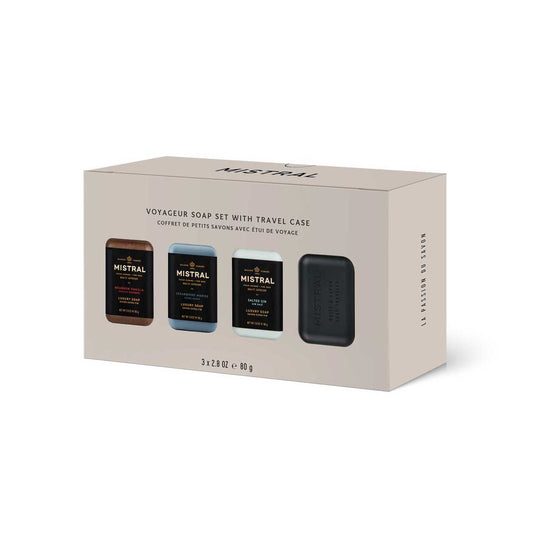 MISTRAL MEN'S TRAVEL GIFT SET-3 TRAVEL SOAPS & TRAVEL CASE / Set de regalo de 3 jabones para hombres