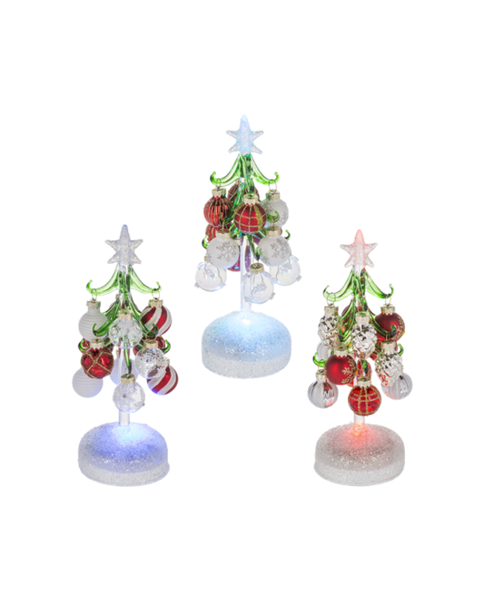 Red/White Christmas Tree with Ornaments with Light Up Base - Arbol Navideño de Cristal con Luz
