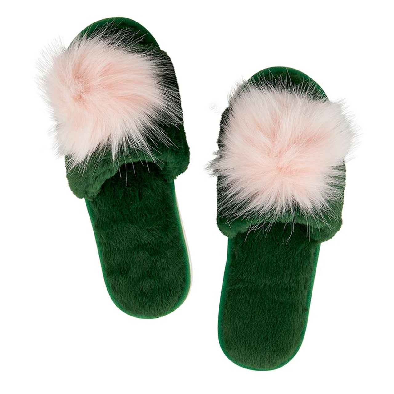 Pantuflas de peluche - Verde con pompón color rubor - MD