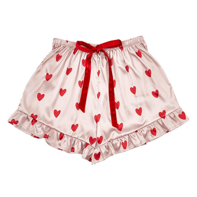 Conjunto de pijama corto + lazos de terciopelo - Corazones rosas y rojos