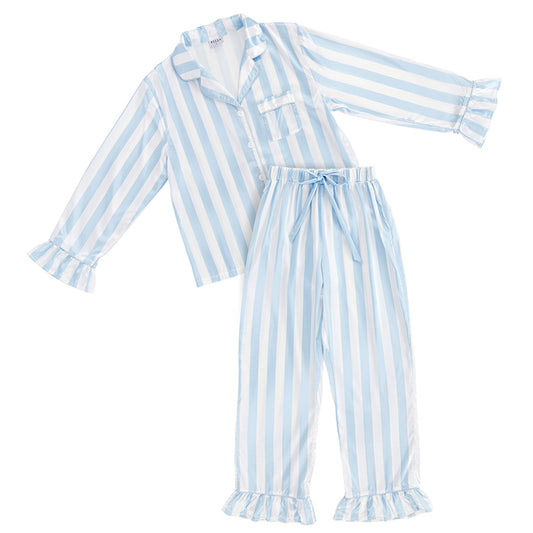 Satin Long Sleeve Ruffle L Blue Stripe