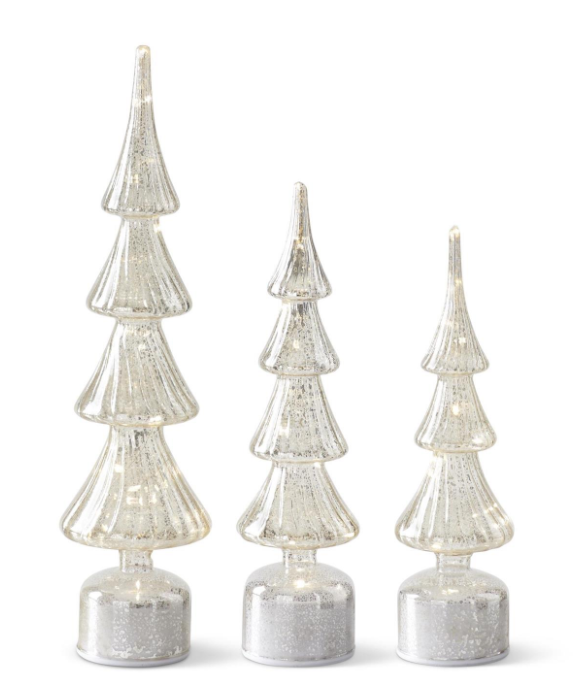 Rotating Ribbed Silver Mercury Glass LED Trees w/Timers