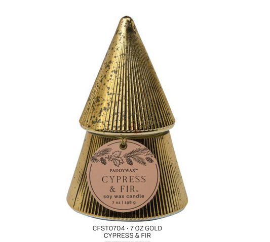 Vela Ciprés y Abeto 7 oz con Tapa - Oro - Arbol navideño