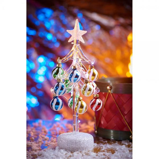 Clear Glass LED Tree with Swirl Ornaments - Árbol Navideño de Cristal