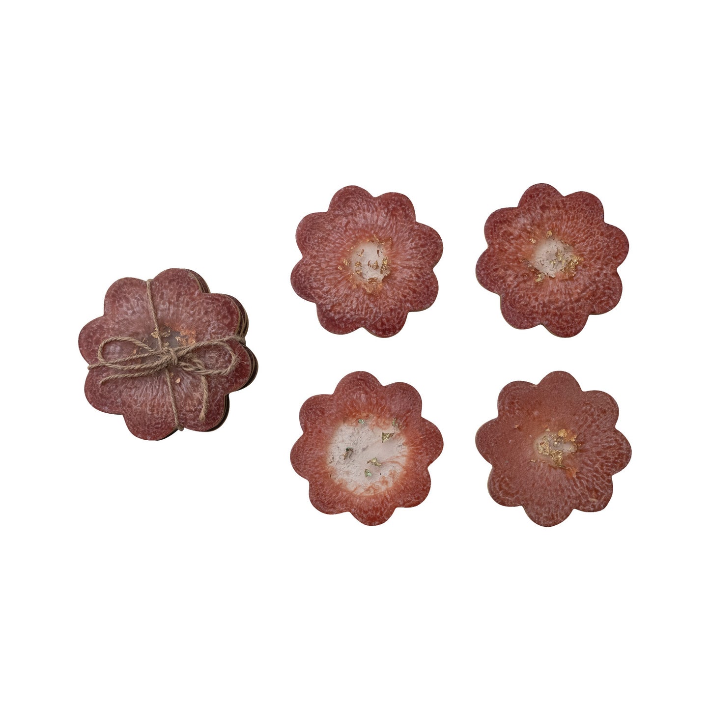 Flower Shaped Coasters with Gold Foil, Set of 4 Tied with Jute / Posavasos en forma de flor