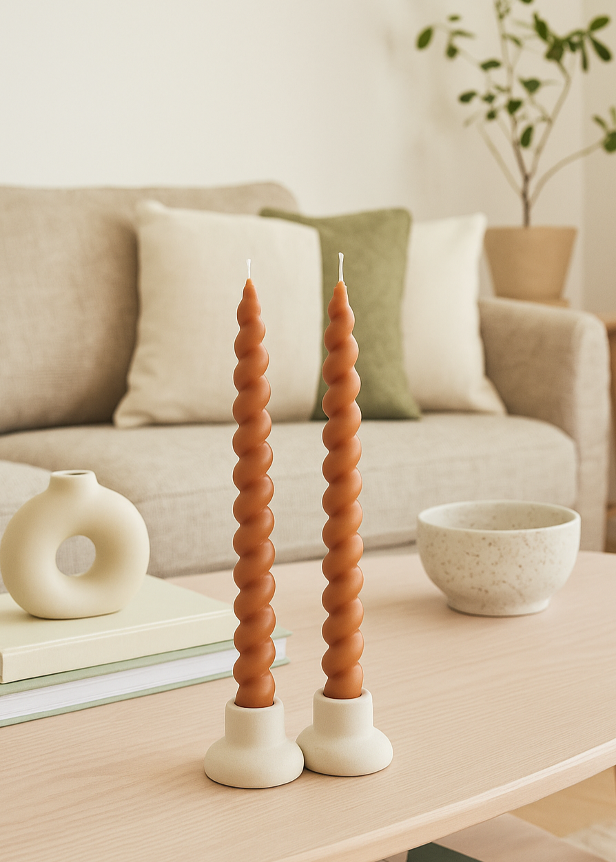Unscented Twisted Taper Candles in Box, Tan Color, Set of 2 / Velas retorcidas sin aroma en caja, color tostado, juego de 2