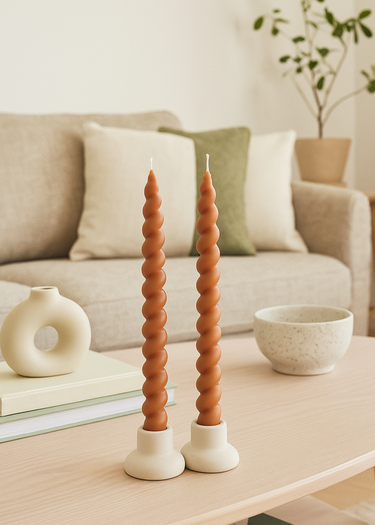 Unscented Twisted Taper Candles in Box, Tan Color, Set of 2 / Velas retorcidas sin aroma en caja, color tostado, juego de 2