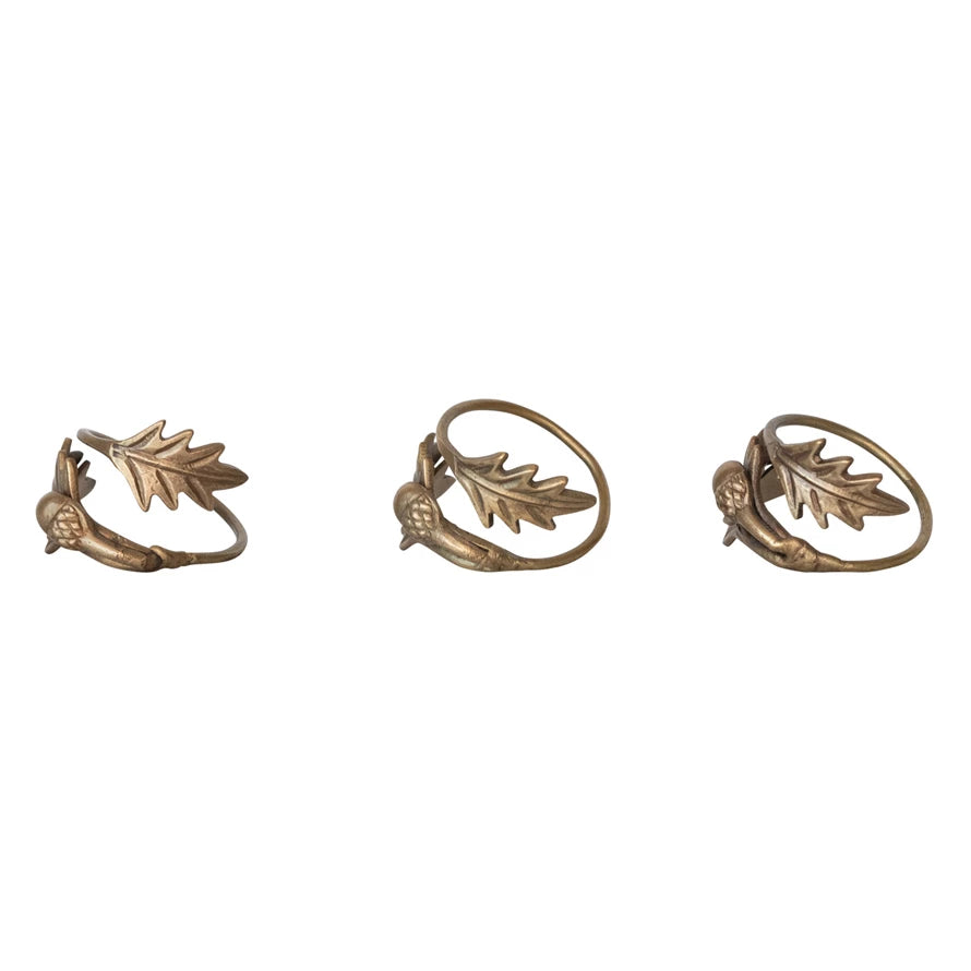 Set 4 Brass Leaves & Acorn Napkin Ring, Antique Finish