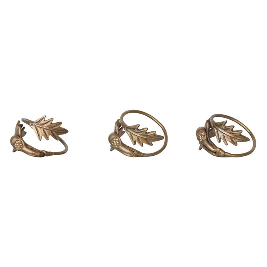 Set 4 Brass Leaves & Acorn Napkin Ring, Antique Finish