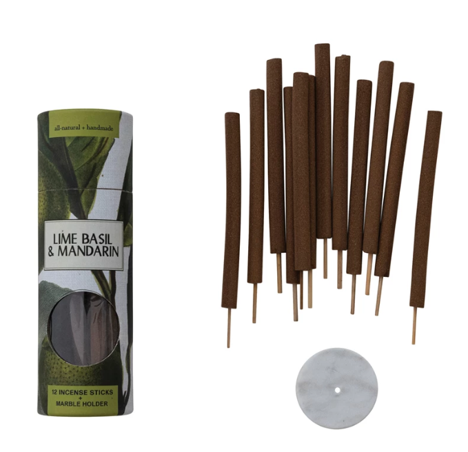 12 Piece Lime Basil & Mandarin Scented Incense Sticks with Holder / 12 varitas de incienso con aroma a lima, albahaca y mandarina con soporte