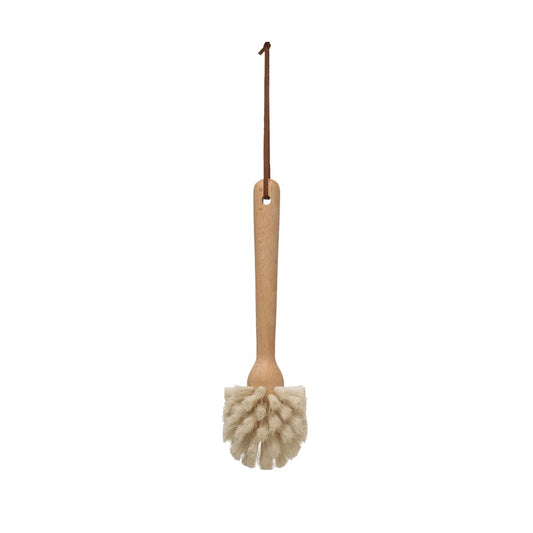 Cepillo para platos de madera de haya con correa de cuero