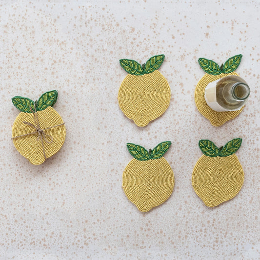 Handmade Beaded Lemon Coasters, Set of 4 Tied with Jute