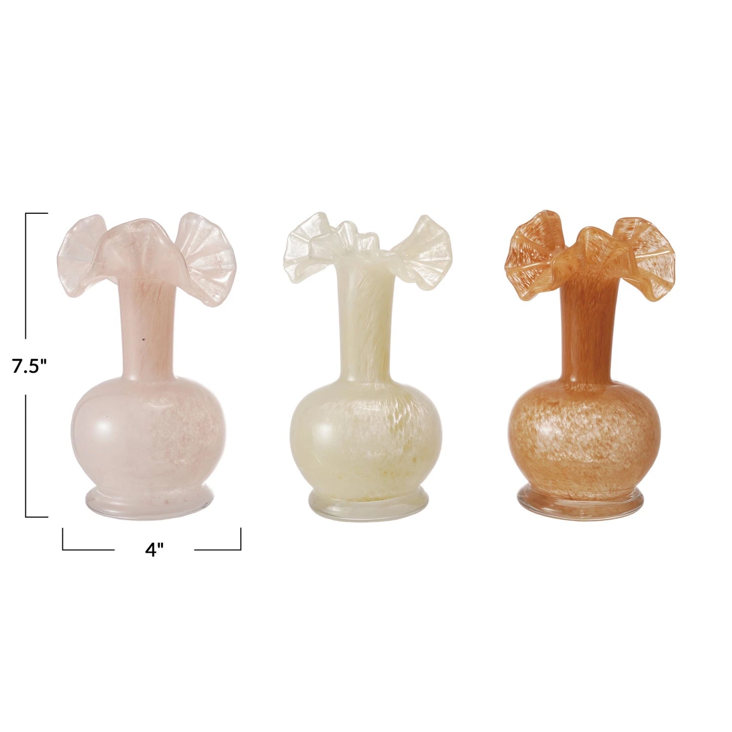 Art Glass Vase w/ Ruffle, 3 Colors (Each One Will Vary)