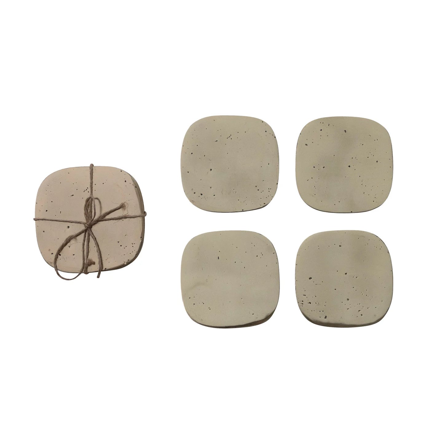 Pocked Aluminum Coasters, Gold Finish, Set of 4 Tied with Jute / Posavasos de aluminio cuadrados