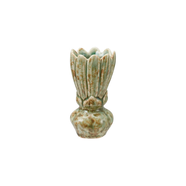 Stoneware Flower Shaped Vase, Green / Jarrón de cerámica en forma de flor