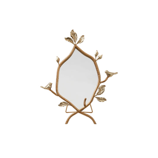 MDF & Metal Twig Framed Standing Mirror with Birds & Leaves, Gold Finish / Espejo con marco de hojas y pájaros, dorado