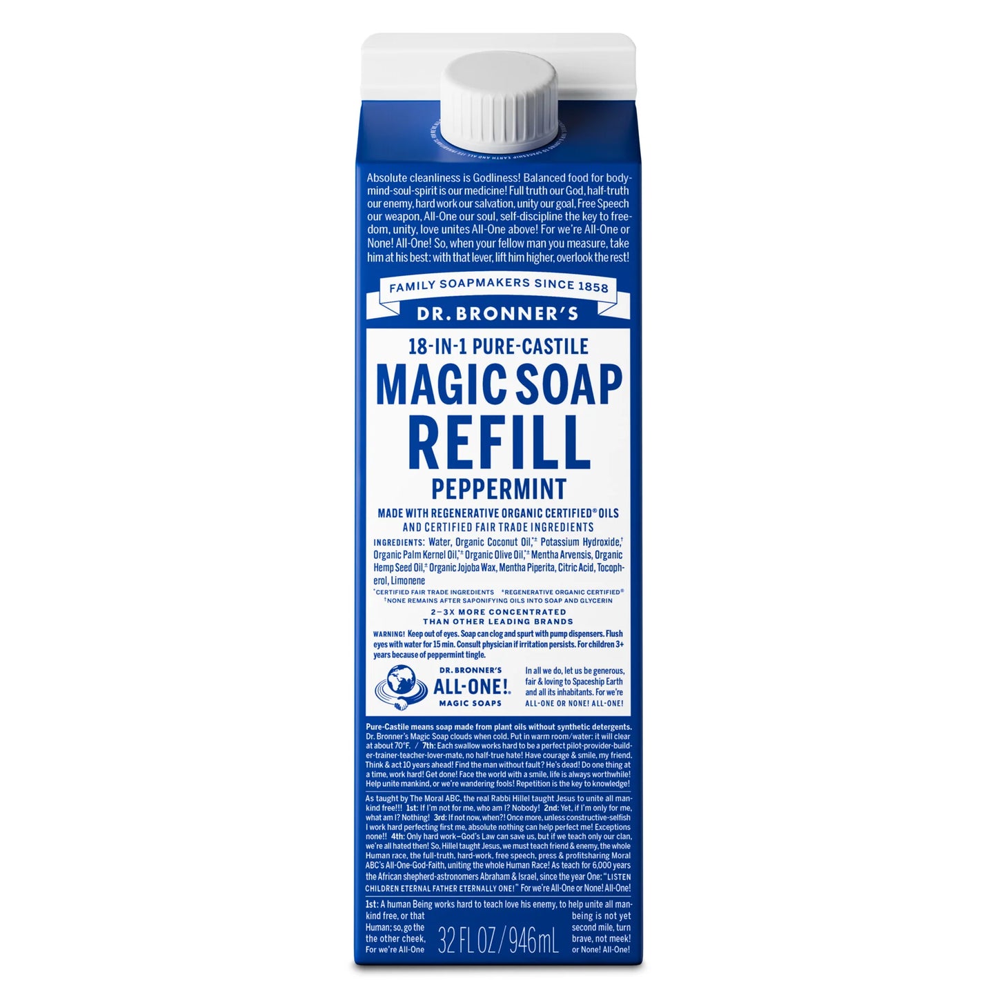 Dr. Bronner's 18-in-1 Pure-Castile Peppermint Magic Soap 32 fl. oz. refill carton
