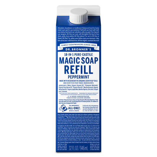 Dr. Bronner's 18-in-1 Pure-Castile Peppermint Magic Soap 32 fl. oz. refill carton