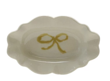 Stoneware Scalloped Dish with Bow, 4 Colors