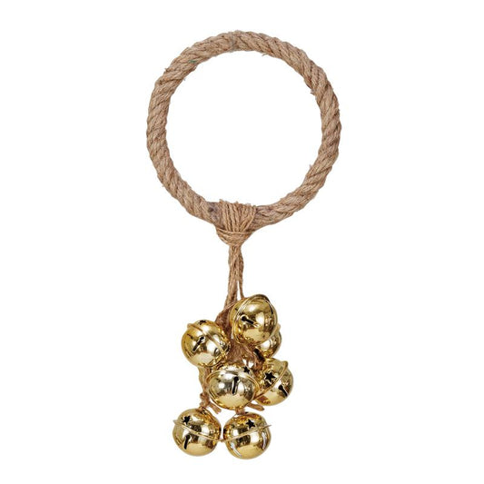 Colgante para puerta con cascabeles de metal y cuerda de yute con cortes de estrellas, acabado natural y dorado