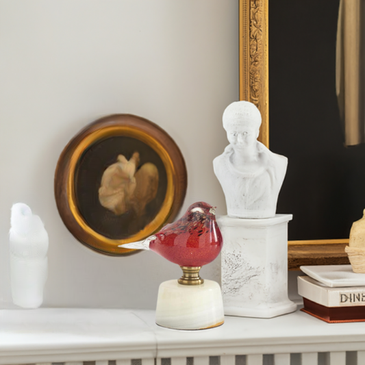 RED  GLASS BIRDS ON WHITE MARBLE - MEDIUM