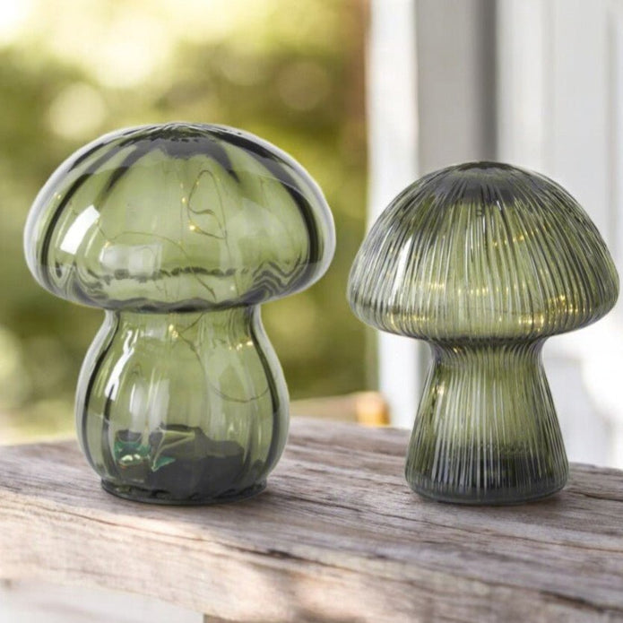 Green Glass LED Mushrooms W/Timer - Lámparas LED de Setas/Hongos