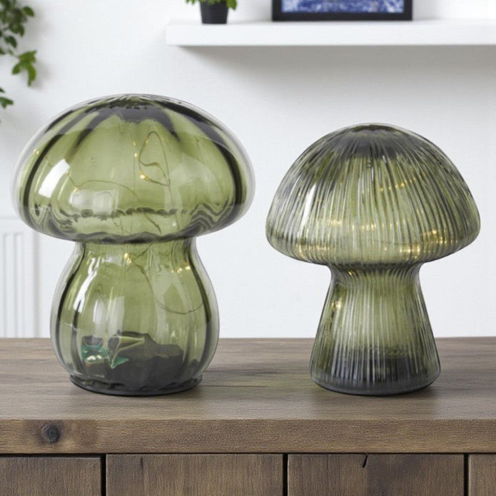Green Glass LED Mushrooms W/Timer - Lámparas LED de Setas/Hongos