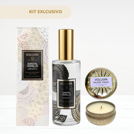 Santal Vanille Room & Body Spray + Mini Vela Blond Tabac (kit)