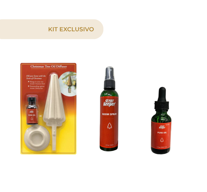 Kit Exclusivo Scentkeeper Aceite Puro Pino. 1 fl oz. + Spray 4 oz + Adorno Difusor de Árbol de Navidad