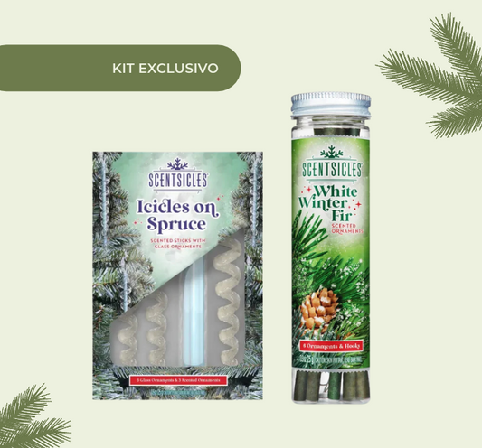 Kit Exclusivo White Winter Fir Sticks + Glass Ornaments Icicles On Spruce