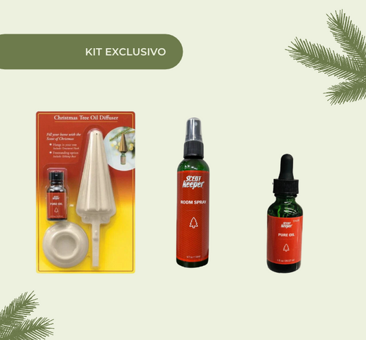 Kit Exclusivo Scentkeeper Aceite Puro Pino. 1 fl oz. + Spray 4 oz + Adorno Difusor de Árbol de Navidad