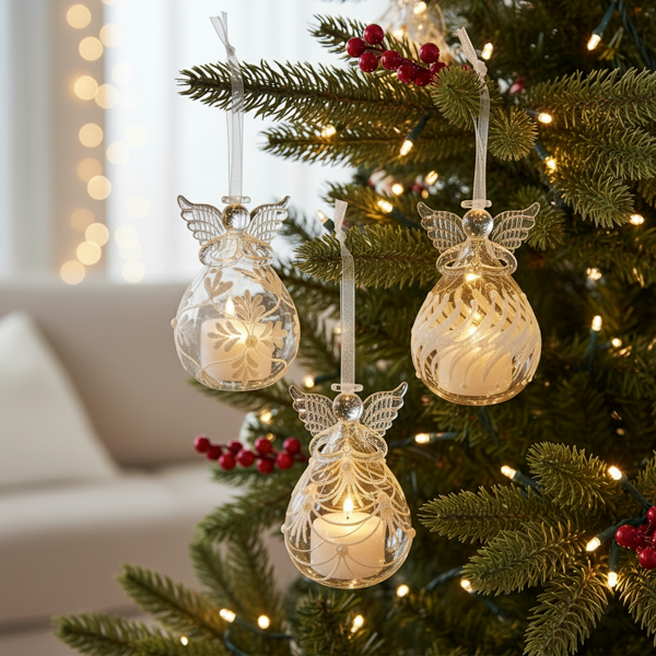 LED White Glitter Glass Angel Ornaments - Adorno de Ángel con Luces
