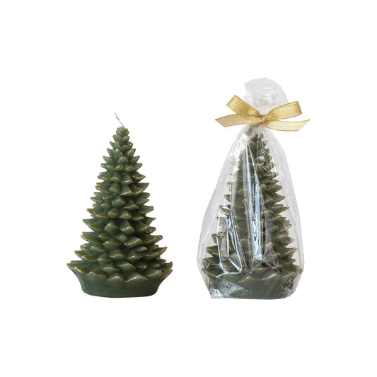 Unscented Tree Shaped Candle w/ Gold Tips, Evergreen Color - Vela de Árbol