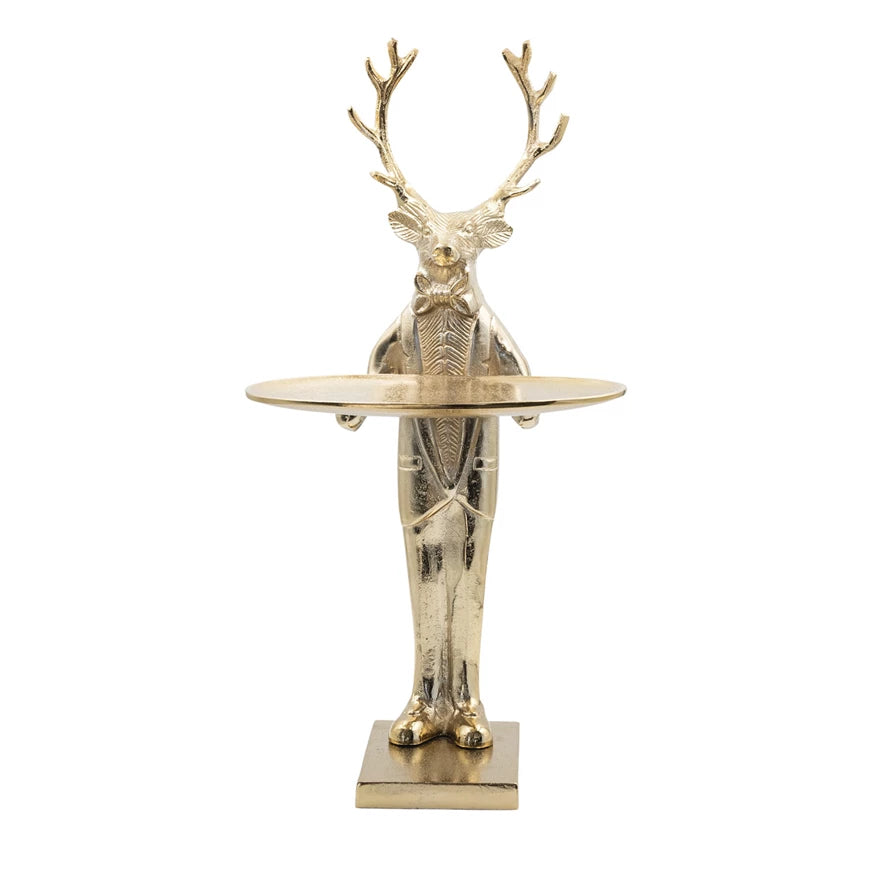 Figura de ciervo de aluminio fundido con bandeja, acabado dorado, 25 cm de largo x 20 cm de ancho x 50 cm de alto