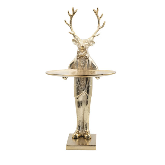 Figura de ciervo de aluminio fundido con bandeja, acabado dorado, 25 cm de largo x 20 cm de ancho x 50 cm de alto