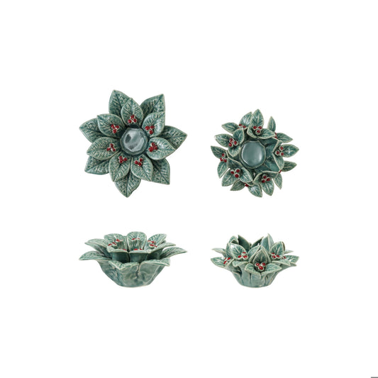 Ceramic Holly Leaves & Berries Shaped Tealight Holder - Portavela