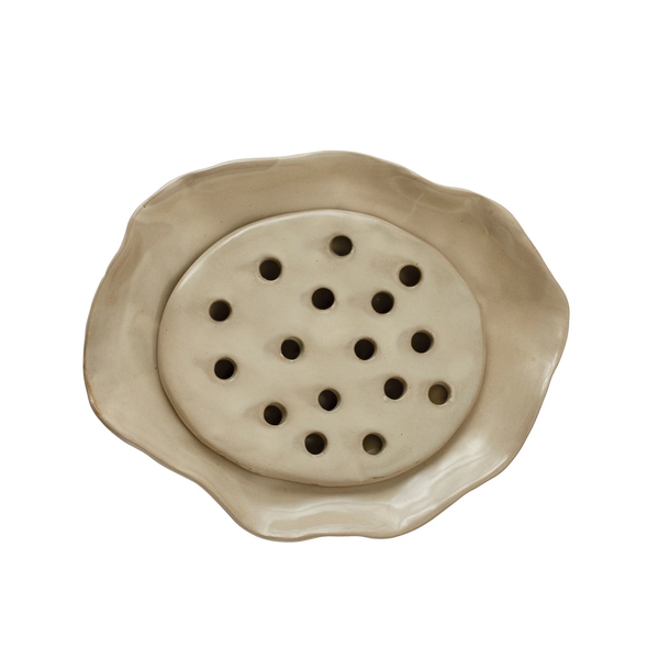 Stoneware Soap Dish w/ Removable Tray, Reactive Glaze, Beige