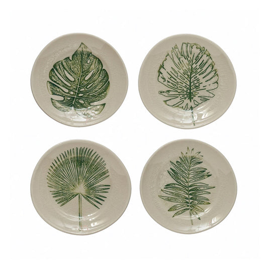 Stoneware Plate with Debossed Leaf, Reactive Crackle Glaze, 4 Styles
